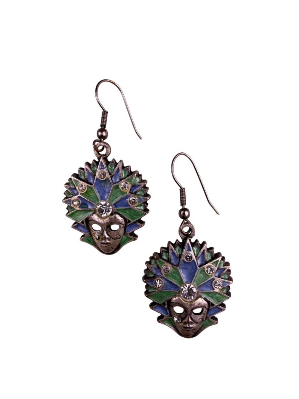 Handcrafted Womens Silver Tone Blue Green Crystal Mask Dangle Earrings
